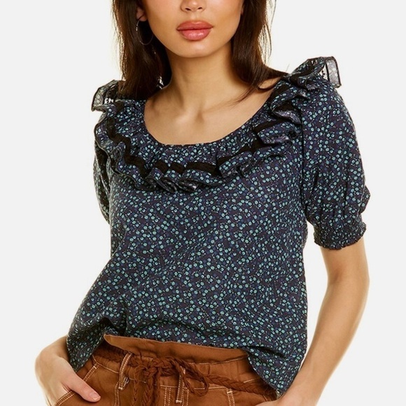 Something Navy Tops - Something Navy Womans Floral Kira Top XS Blue Ruffle Short Sleeve Linen Cotton